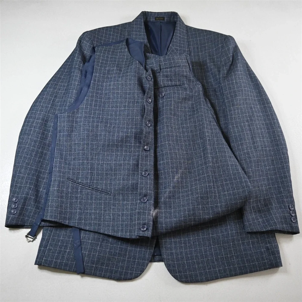 Gianni Vironi 44L 34x32 Blue Windowpane 3 Piece Vest Mens Jacket Pants‎ Suit